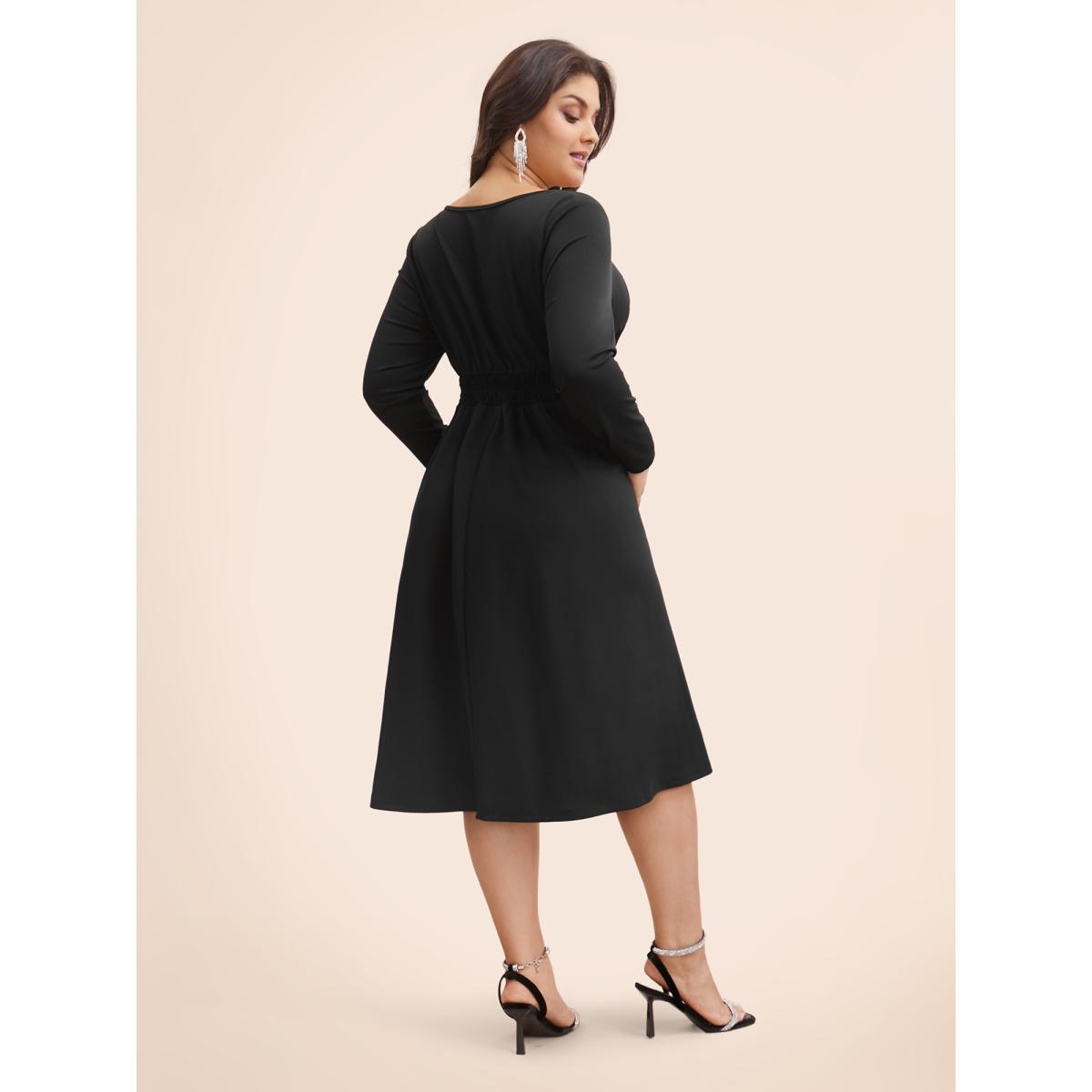 Plus Size Square Neck Shirred Rhinestone Midi Dress Black Women Cocktail Rhinestone detailing Party Curvy Bloomchic 10/M Product Image