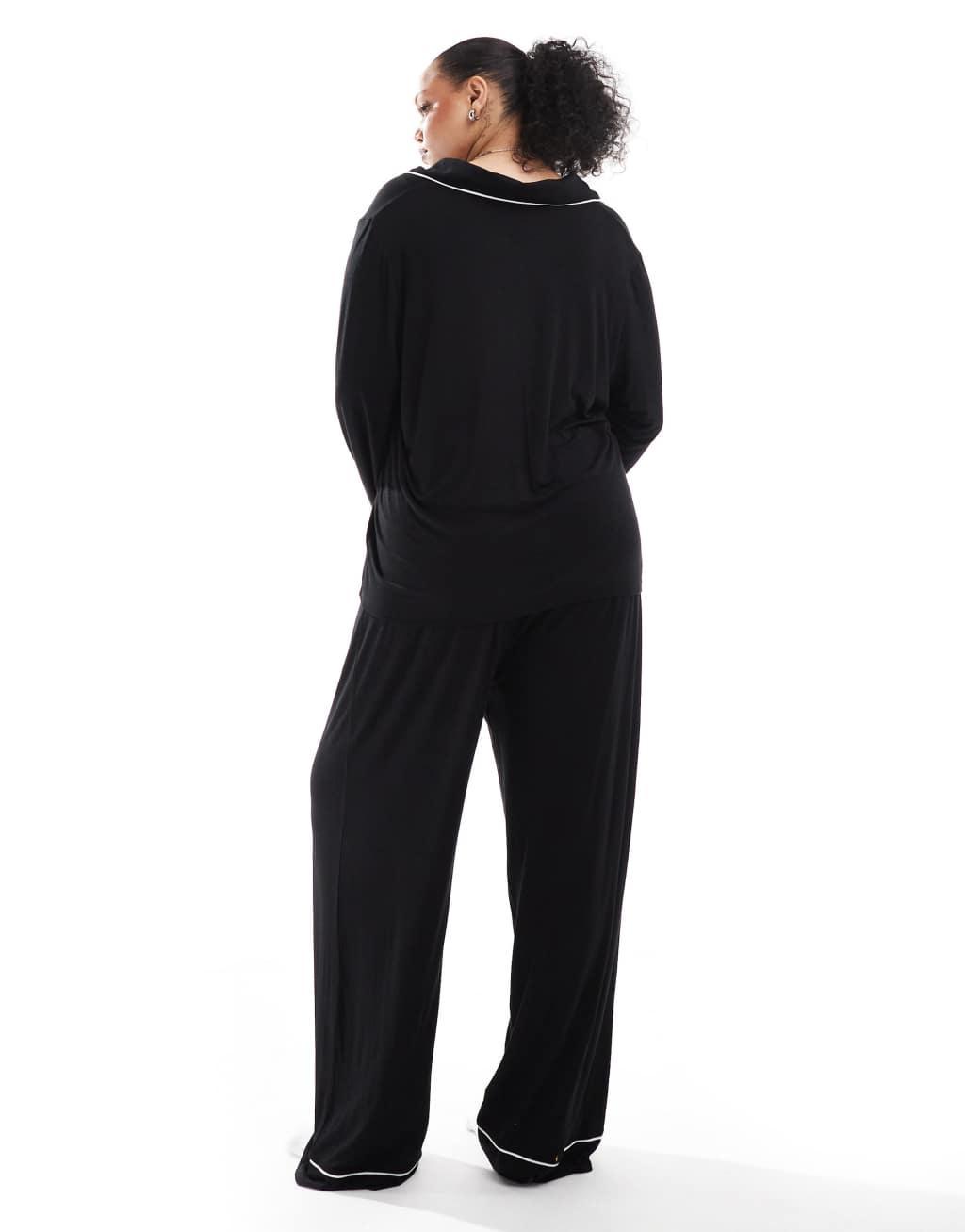 ASOS DESIGN Curve super soft long sleeve shirt & pants pajama set with contrast piping in black Product Image
