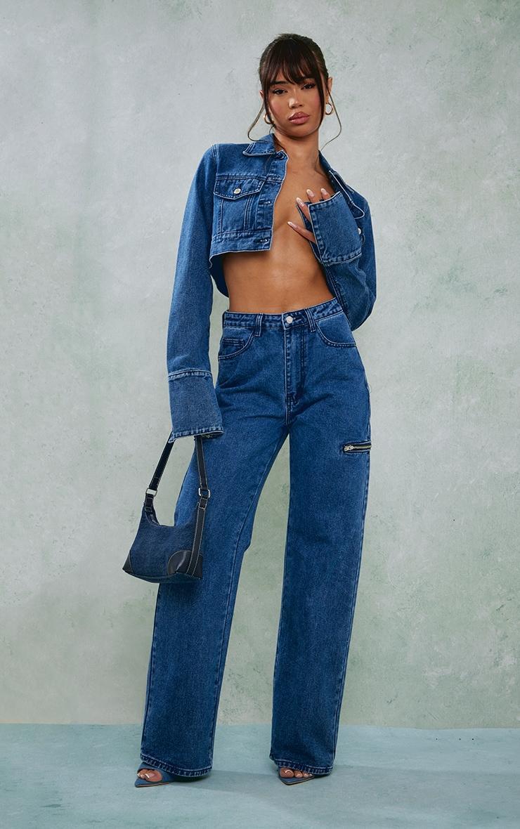  Mid Blue Wash Denim Cuff Detail Cropped Jacket Product Image