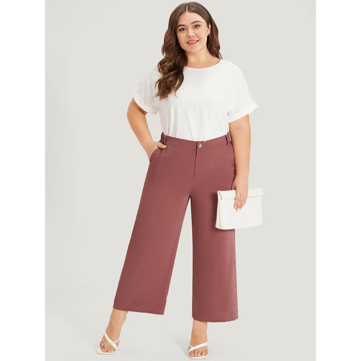 Plus Size Solid Pocket Elastic Waist Straight Leg Pants Women DustyPink Office Straight Leg High Rise Work Pants BloomChic 18-20/2X Product Image
