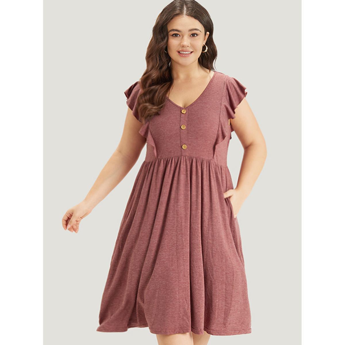Plus Size Supersoft Essentials Solid Flutter Trim Button Detail Gathered Dress DustyPink Women Casual Plain V-neck Sleeveless Curvy Midi Dress BloomChic 14-16/1X Product Image