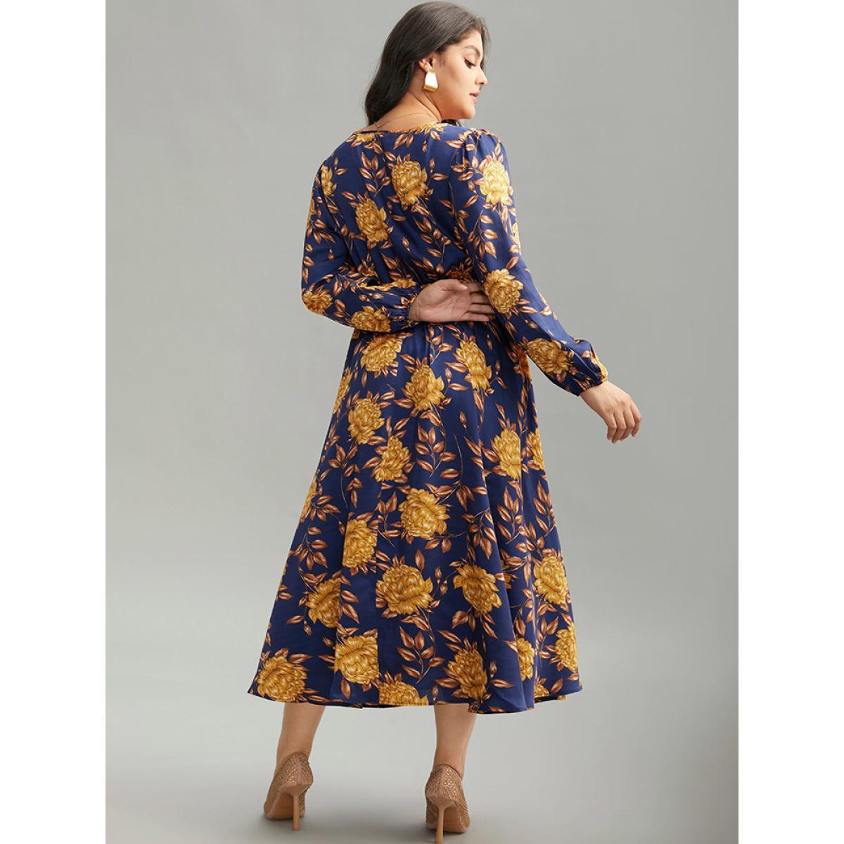 Plus Size Floral Elastic Waist Wrap Split Hem Dress DarkBlue Women Elegant Elastic cuffs Overlap Collar Long Sleeve Curvy Midi Dress BloomChic 26/4X Product Image