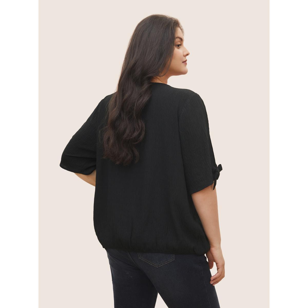 Plus Size Black Stretchy Woven Bowknot Cut Out Gathered Crisscross Blouse Women At the Office Half Sleeve V-neck Work Blouses BloomChic 14-16/1X Product Image