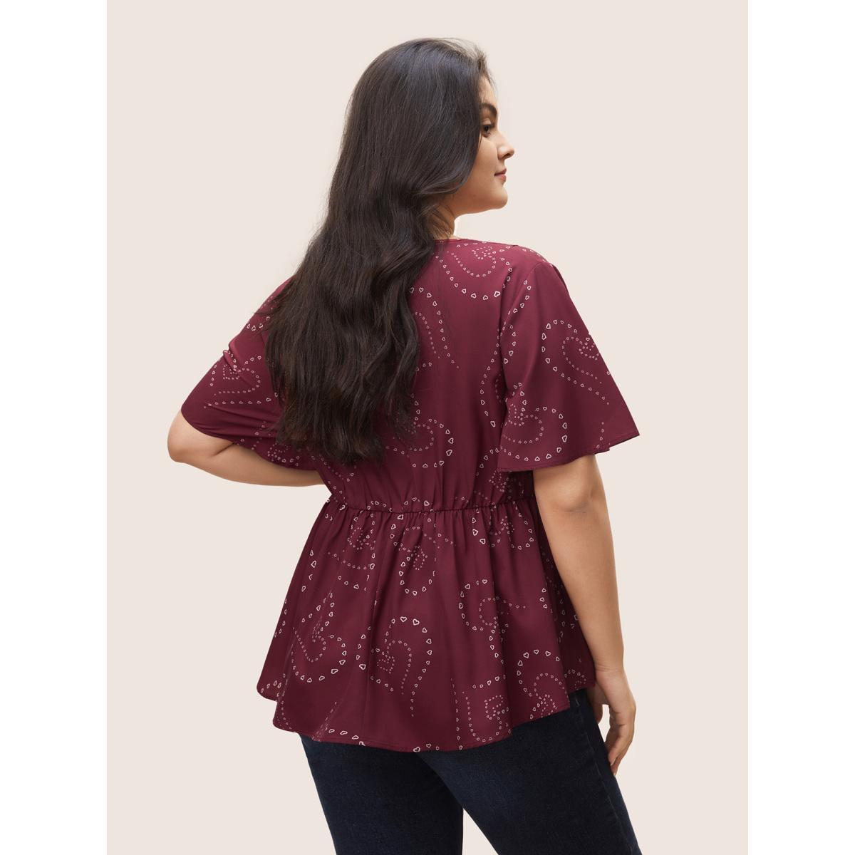 Plus Size Scarlet Heart Lace Patchwork Wrap Elastic Waist Blouse Women Elegant Short sleeve Overlap Collar Everyday Blouses BloomChic 14-16/1X Product Image