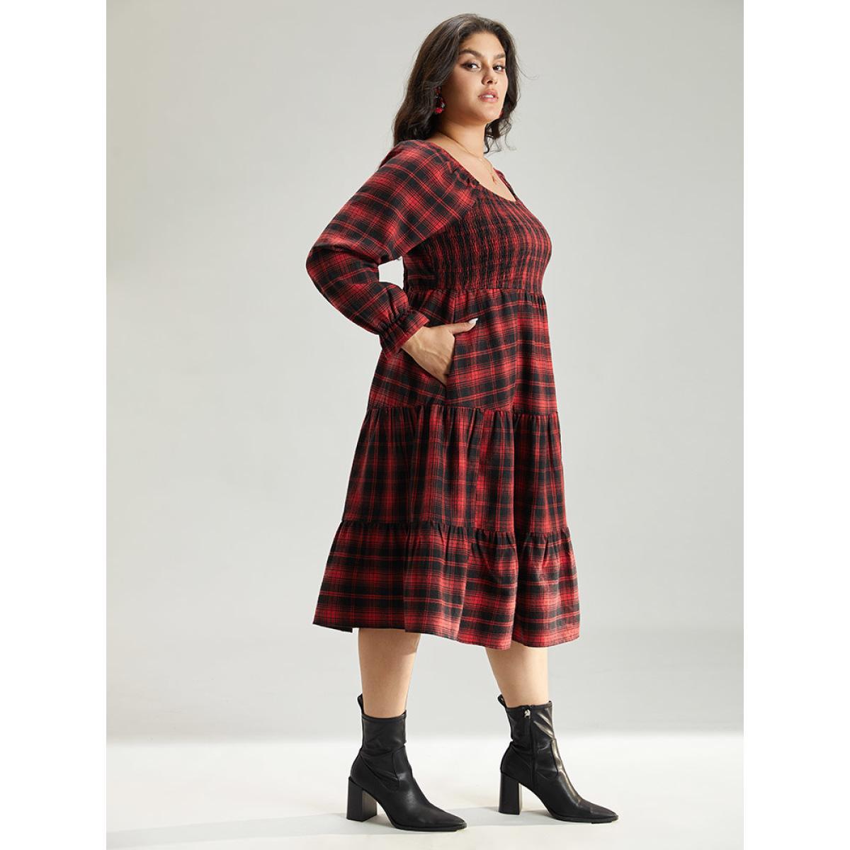 Plus Size Plaid Shirred Pocket Ruffle Trim Midi Dress Raspberry Women Elegant Gathered Square Neck Long Sleeve Curvy Midi Dress BloomChic 26/4X Product Image