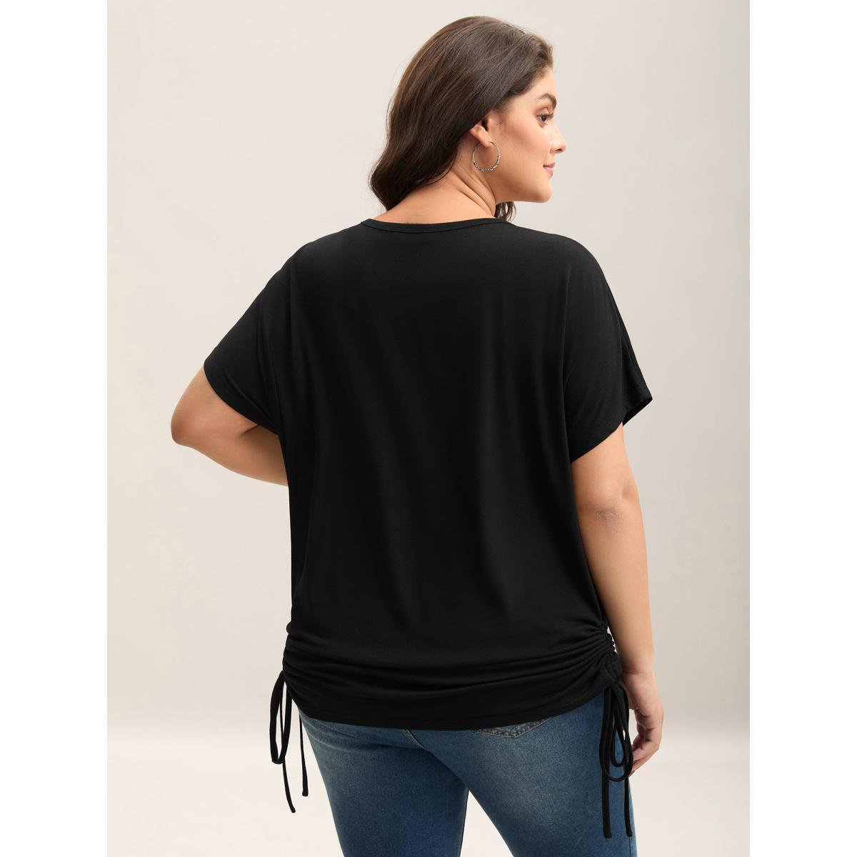 Plus Size Color Block Ruched Drawstring T-Shirt Black Women Casual Contrast Round Neck Everyday T-shirts BloomChic 22-24/3X Product Image