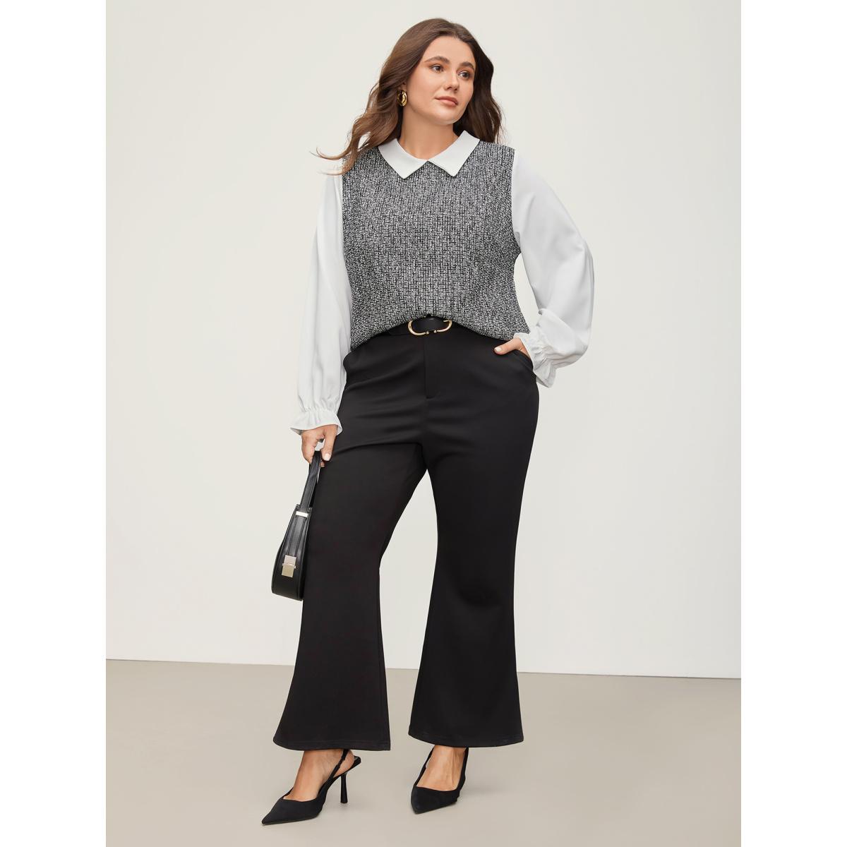 Plus Size Black Tweed Patchwork Lantern Sleeve Blouse Women At the Office Long Sleeve Shirt collar Work Blouses BloomChic 10/M Product Image