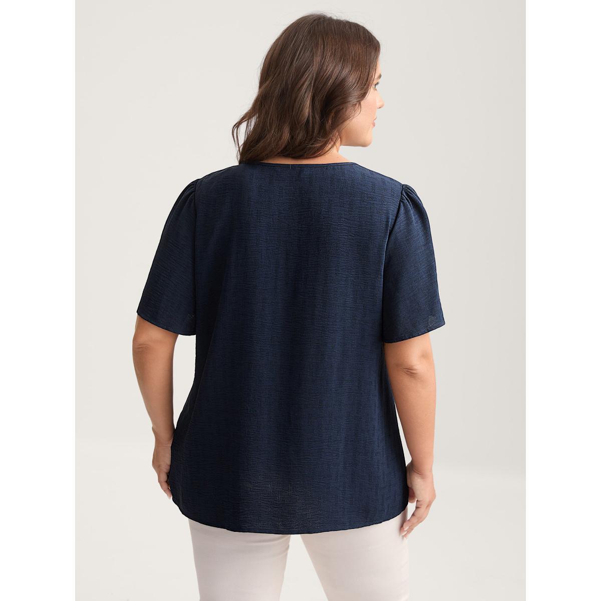 Plus Size Indigo Square Neck Lace Pleated Blouse Women Short sleeve Square Neck Everyday-Elegant Blouses BloomChic 28/5X Product Image