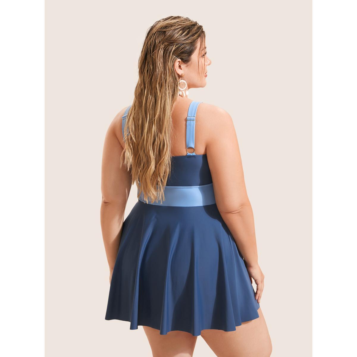 Plus Size Two Tone Patchwork Gathered Swim Dress Women's Swimwear Aegean Beach Bodycon V-neck High stretch Curve Swim Dresses BloomChic 28/5X Product Image