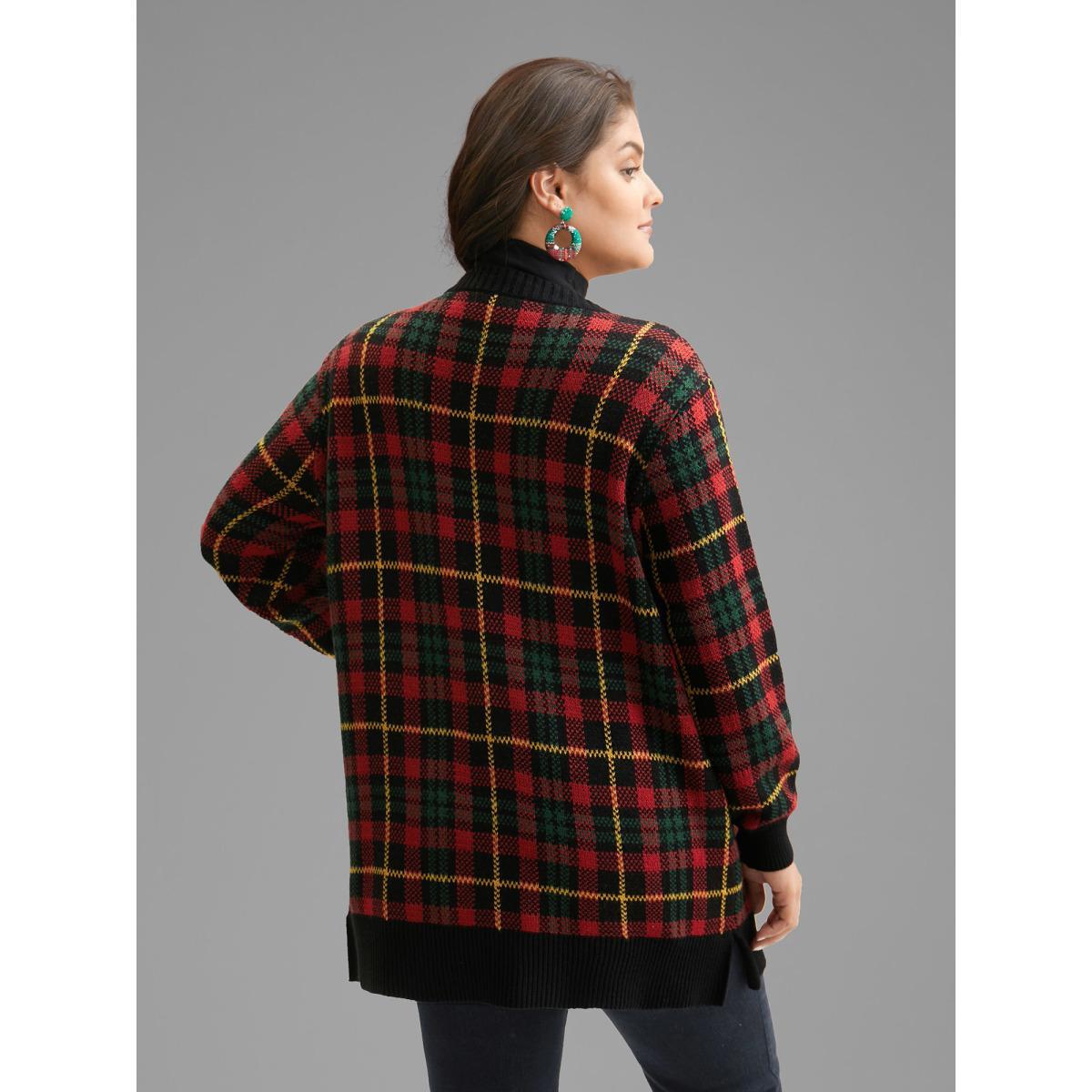 Plus Size Holiday Plaid V-neck Open Cardigan Black Women Casual Loose Long Sleeve Everyday Cardigans BloomChic 26/4X Product Image
