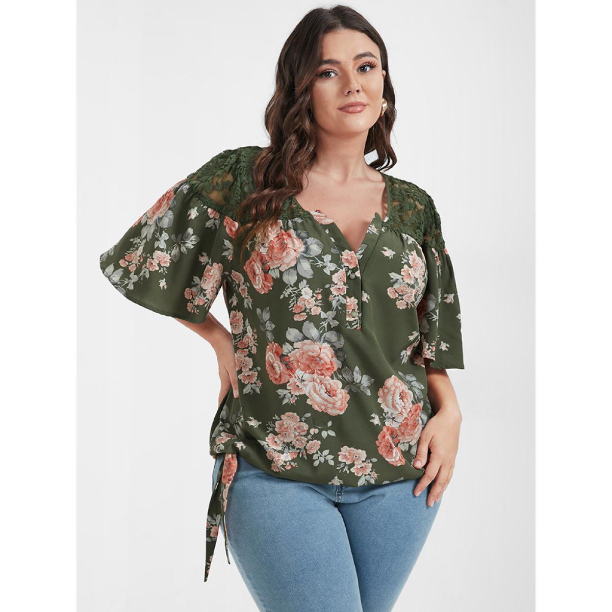 Plus Size Green Floral Contrast Lace Knotted Side Ruffled Blouse Women Elegant Half Sleeve V-neck Dailywear Blouses BloomChic 30/6X Product Image