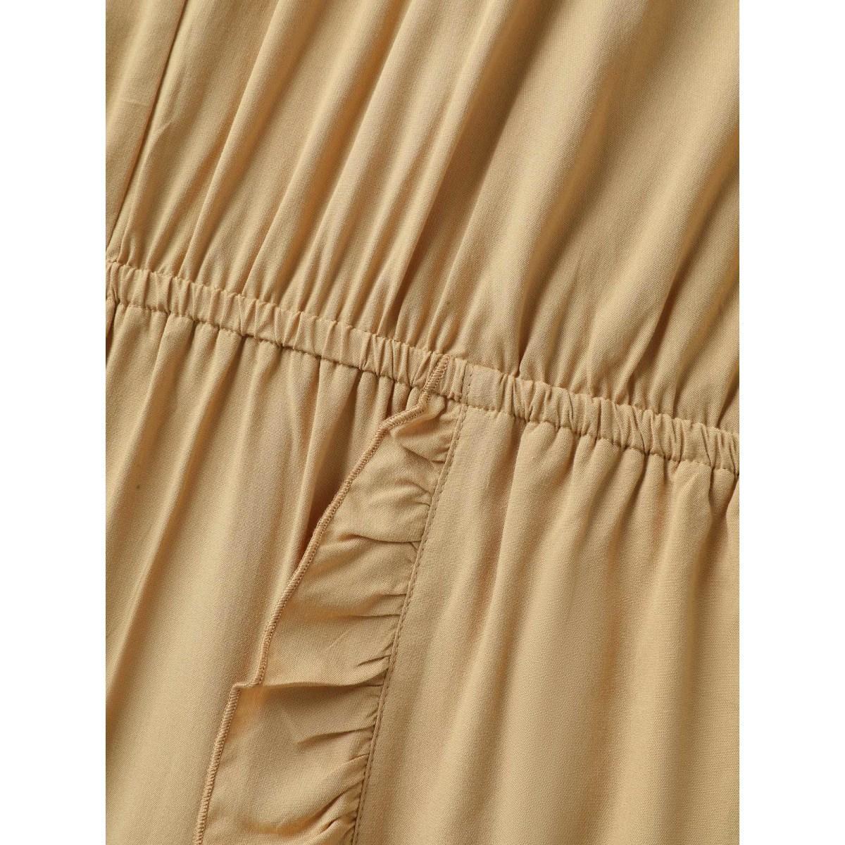 Plus Size Tan Ruffled Asymmetrical Hem Stretchy Jumpsuit Women Cap Sleeve V-neck Vacation Loose Jumpsuits BloomChic 30/6X Product Image