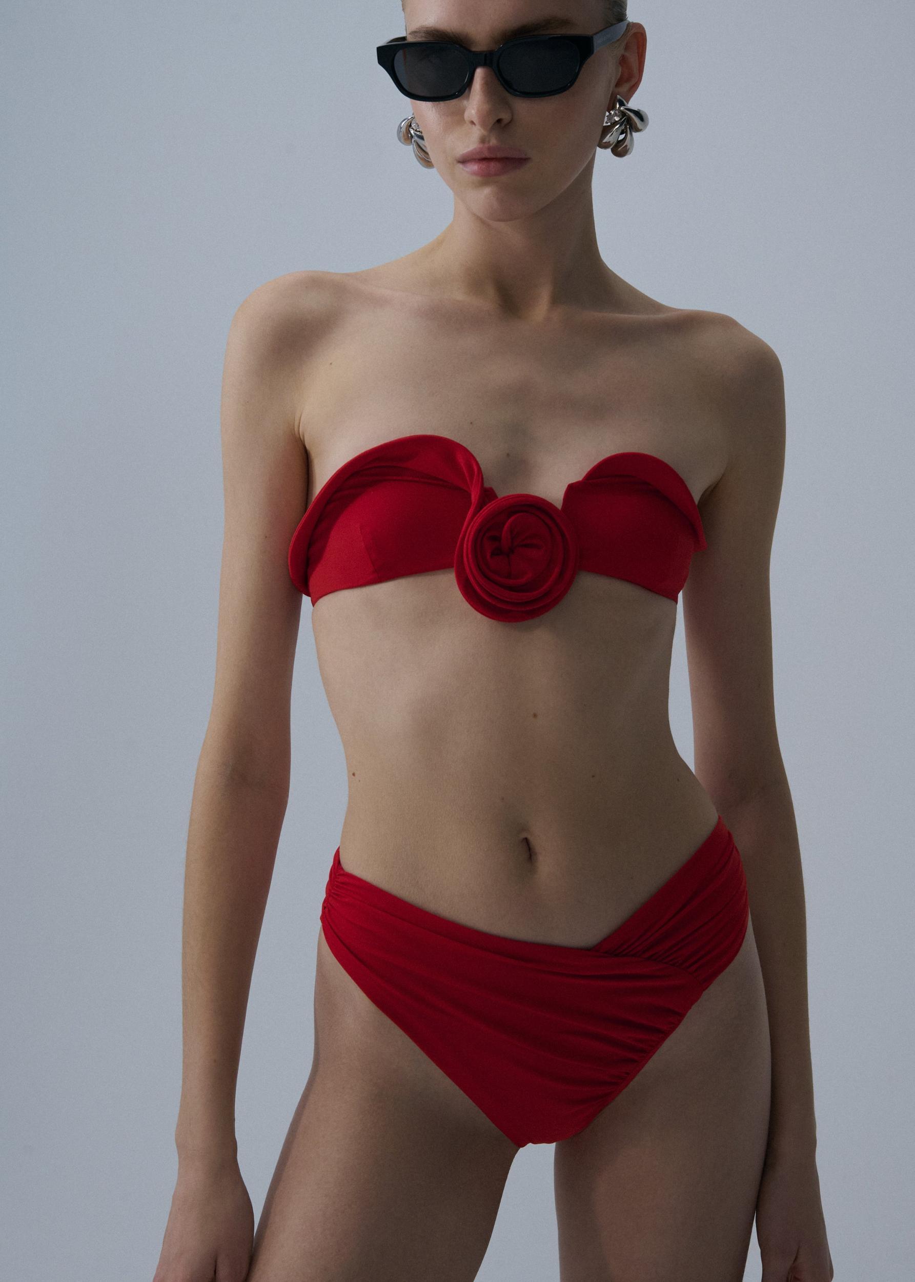 Sculptural bandeau swim top in red Product Image