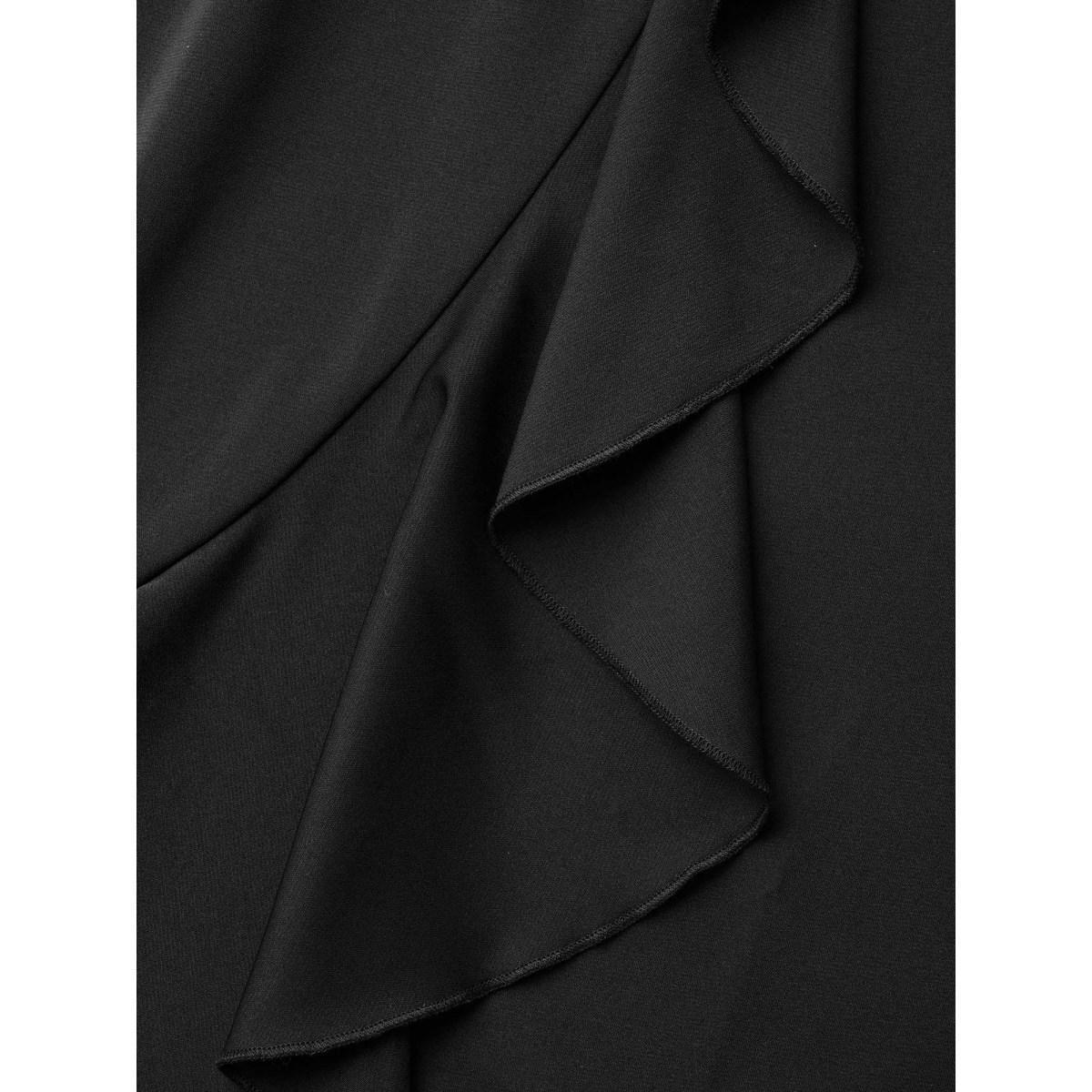 Plus Size Plain Overlap Collar Ruffle Trim Dress Black Women Elegant Overlapping Overlap Collar Long Sleeve Curvy BloomChic 22-24/3X Product Image