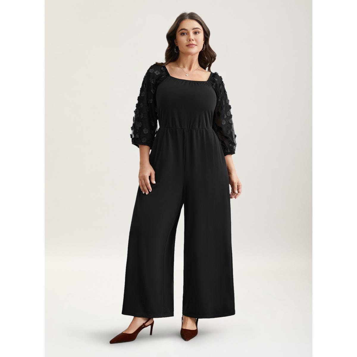 Plus Size Black Floral Mesh Sleeve Pockets Straight-Leg Jumpsuit Women Elegant Elbow-length sleeve Square Neck Everyday-Elegant Loose Jumpsuits BloomChic 26/4X Product Image