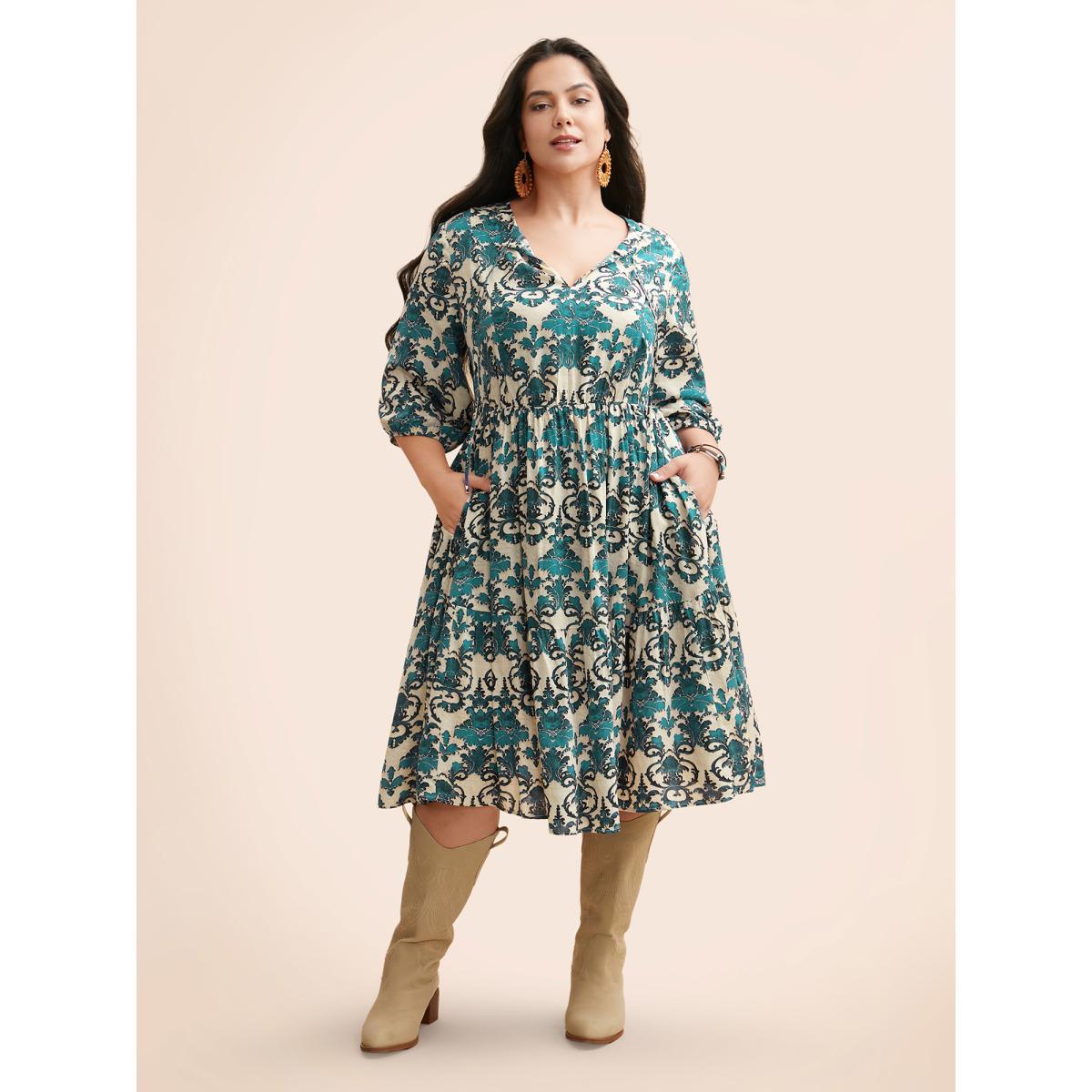 Plus Size Damask Print Tie Knot Puff Sleeve Dress Emerald Women Resort Tie knot V-neck Elbow-length sleeve Curvy BloomChic 28/5X Product Image