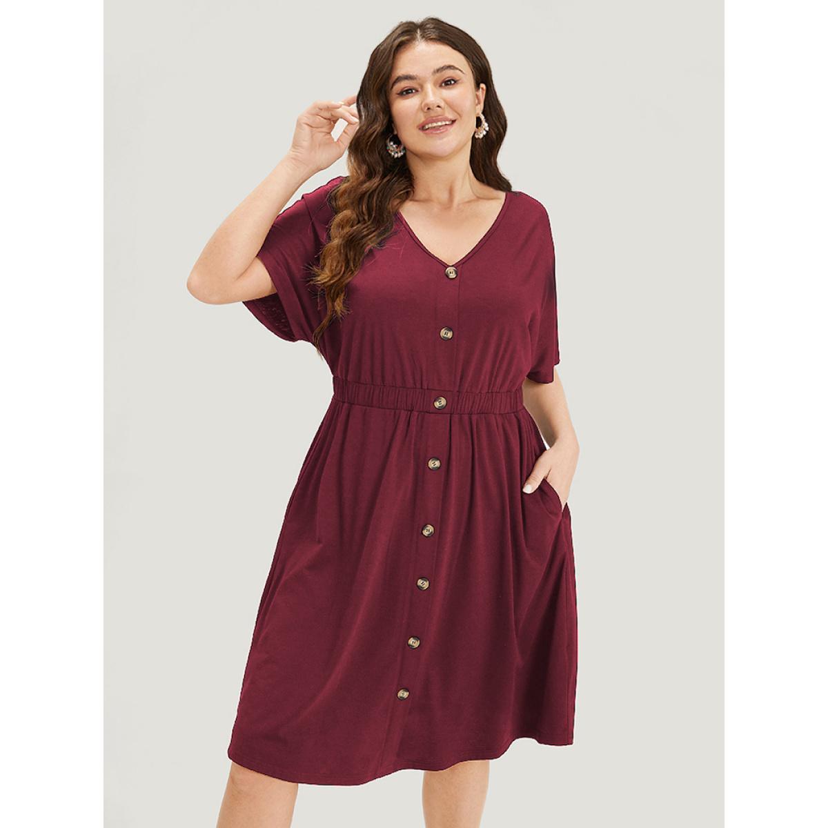 Plus Size Supersoft Essentials Contrast Button Detail Shirred Pocket Dress Scarlet Women Casual Plain V-neck Short sleeve Curvy Midi Dress BloomChic 18-20/2X Product Image