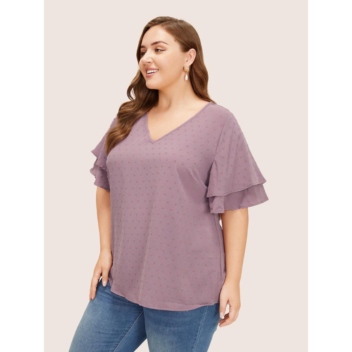 Plus Size Mauve Plain Ruffle Tiered Sleeve V Neck Polka Dot Blouse Women Elegant Short sleeve V-neck Everyday Blouses BloomChic 10/M Product Image