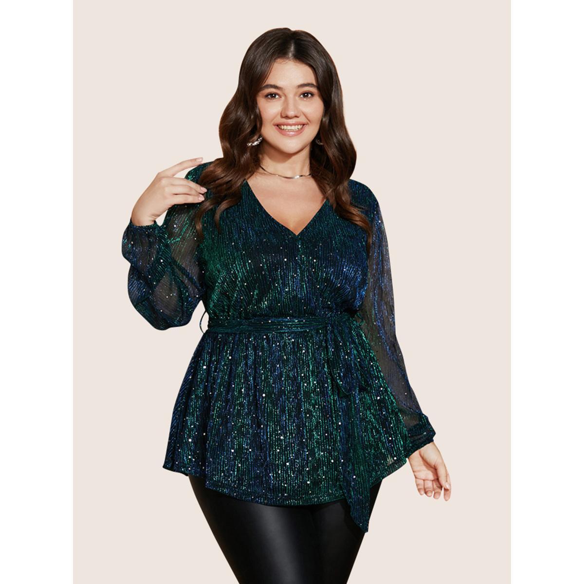 Plus Size DarkGreen Sequin Mesh Lantern Sleeve Wrap Belted Striped Blouse Women Cocktail Long Sleeve Overlap Collar Party Blouses BloomChic 22-24/3X Product Image