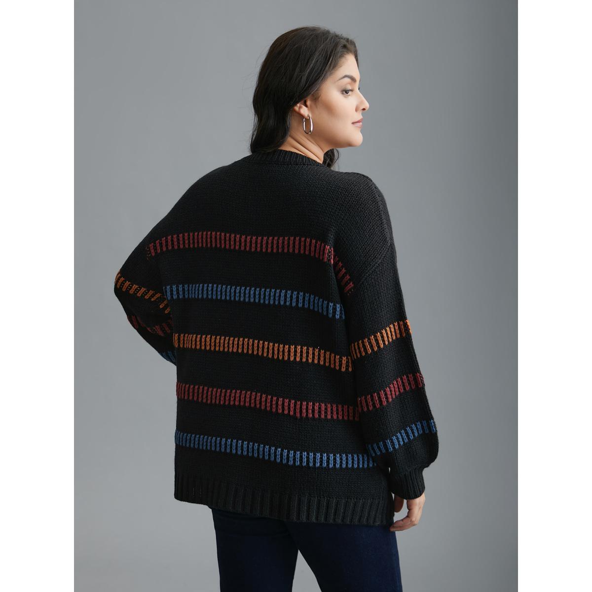 Plus Size Multi-Color Stripes Textured Crew Neck Pullover Black Women Casual Loose Long Sleeve Round Neck Everyday Pullovers BloomChic 18-20/2X Product Image