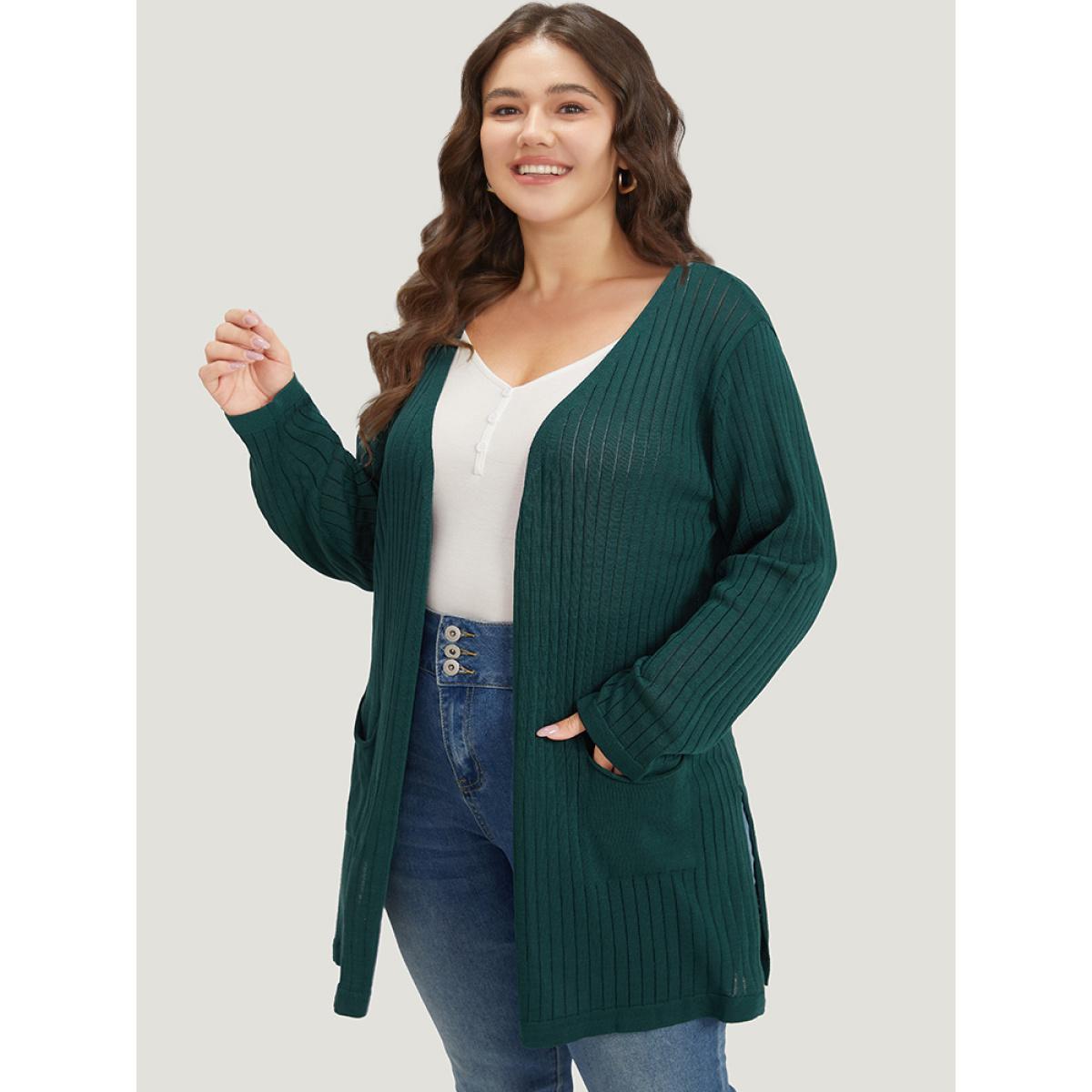 Plus Size Solid Rib Knit Pocket Lightweight Tunic Cardigan Green Women Basics Loose Long Sleeve Everyday Cardigans BloomChic 12/L Product Image