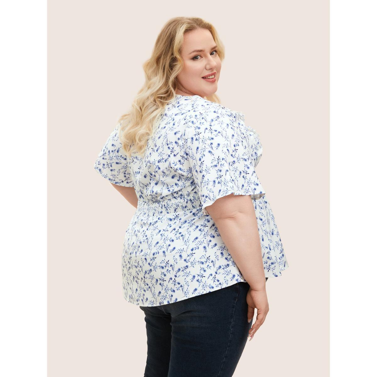 Plus Size Ivory Floral Pleated Elastic Waist Ruffle Sleeve Blouse Women Elegant Half Sleeve V-neck Everyday Blouses BloomChic 28/5X Product Image
