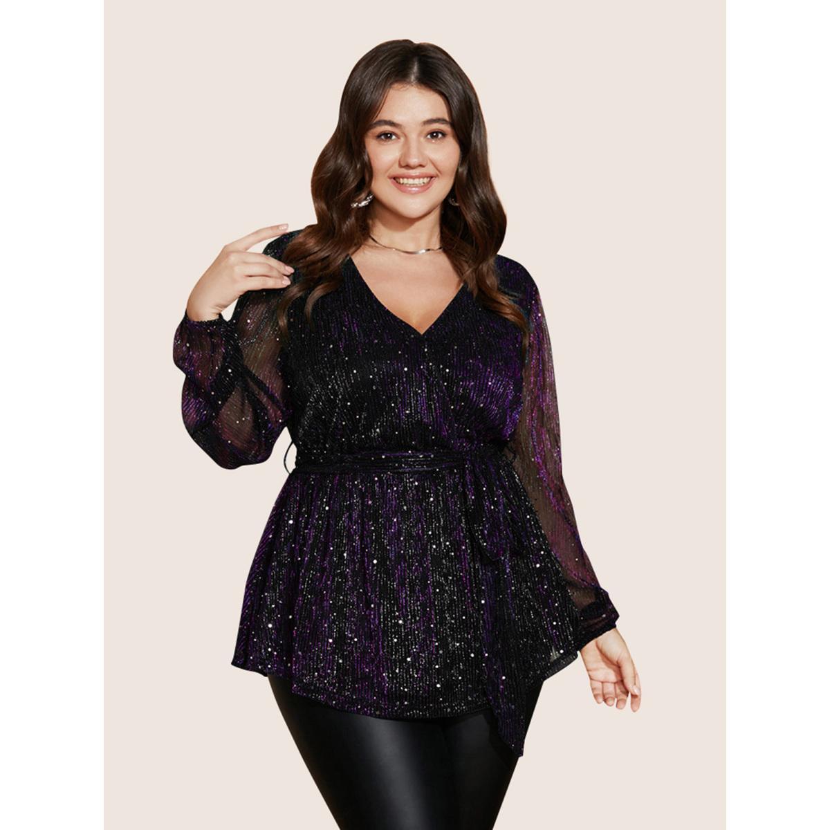 Plus Size Deeppurple Sequin Mesh Lantern Sleeve Wrap Belted Striped Blouse Women Cocktail Long Sleeve Overlap Collar Party Blouses BloomChic 22-24/3X Product Image