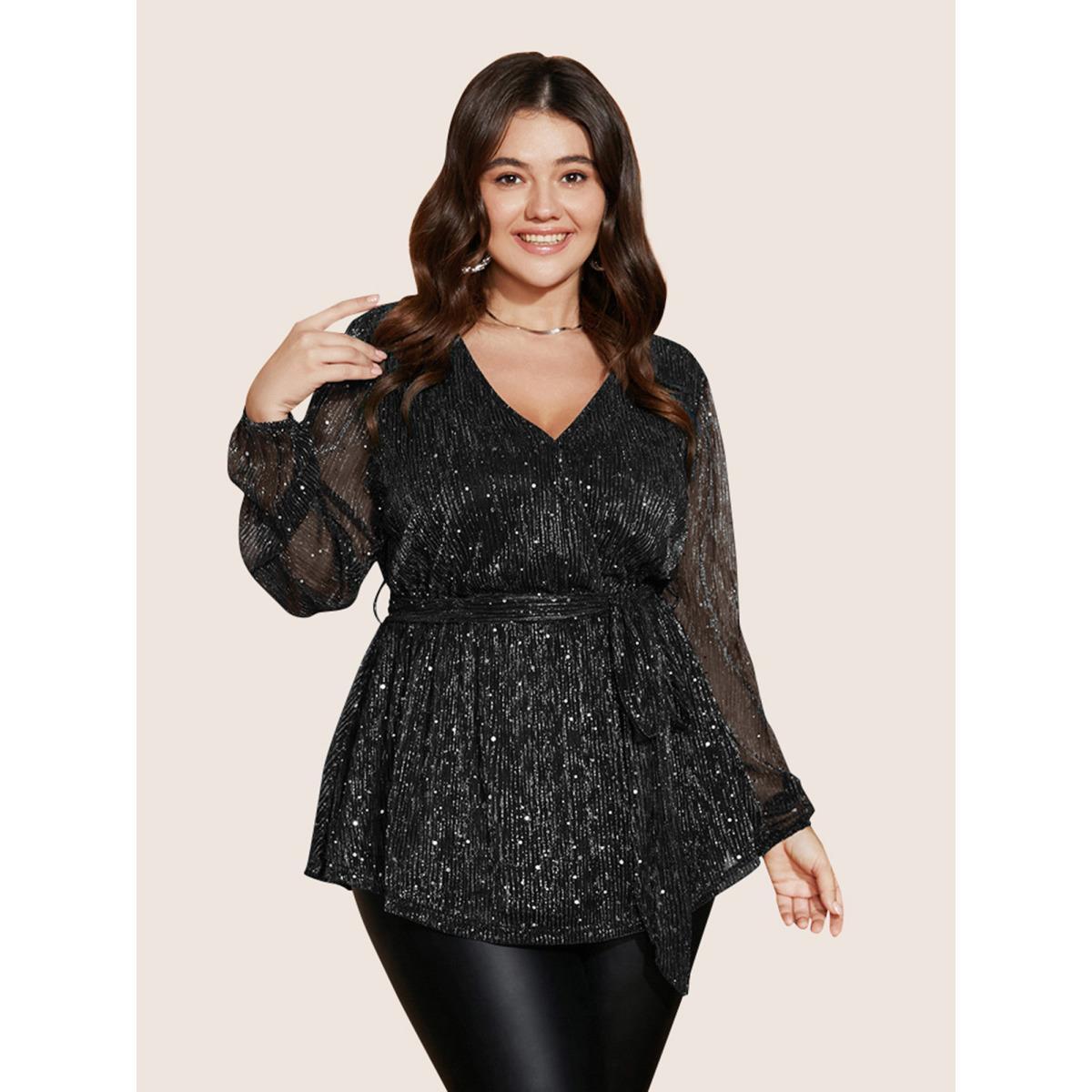 Plus Size Scarlet Sequin Mesh Lantern Sleeve Wrap Belted Striped Blouse Women Cocktail Long Sleeve Overlap Collar Party Blouses BloomChic 22-24/3X Product Image