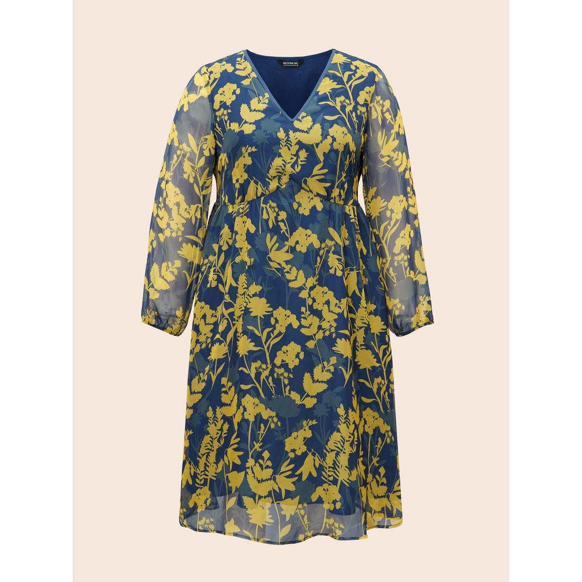 Plus Size V Neck Silhouette Floral Print Mesh Dress Navy Women Elegant Gathered V-neck Long Sleeve Curvy BloomChic 26/4X Product Image