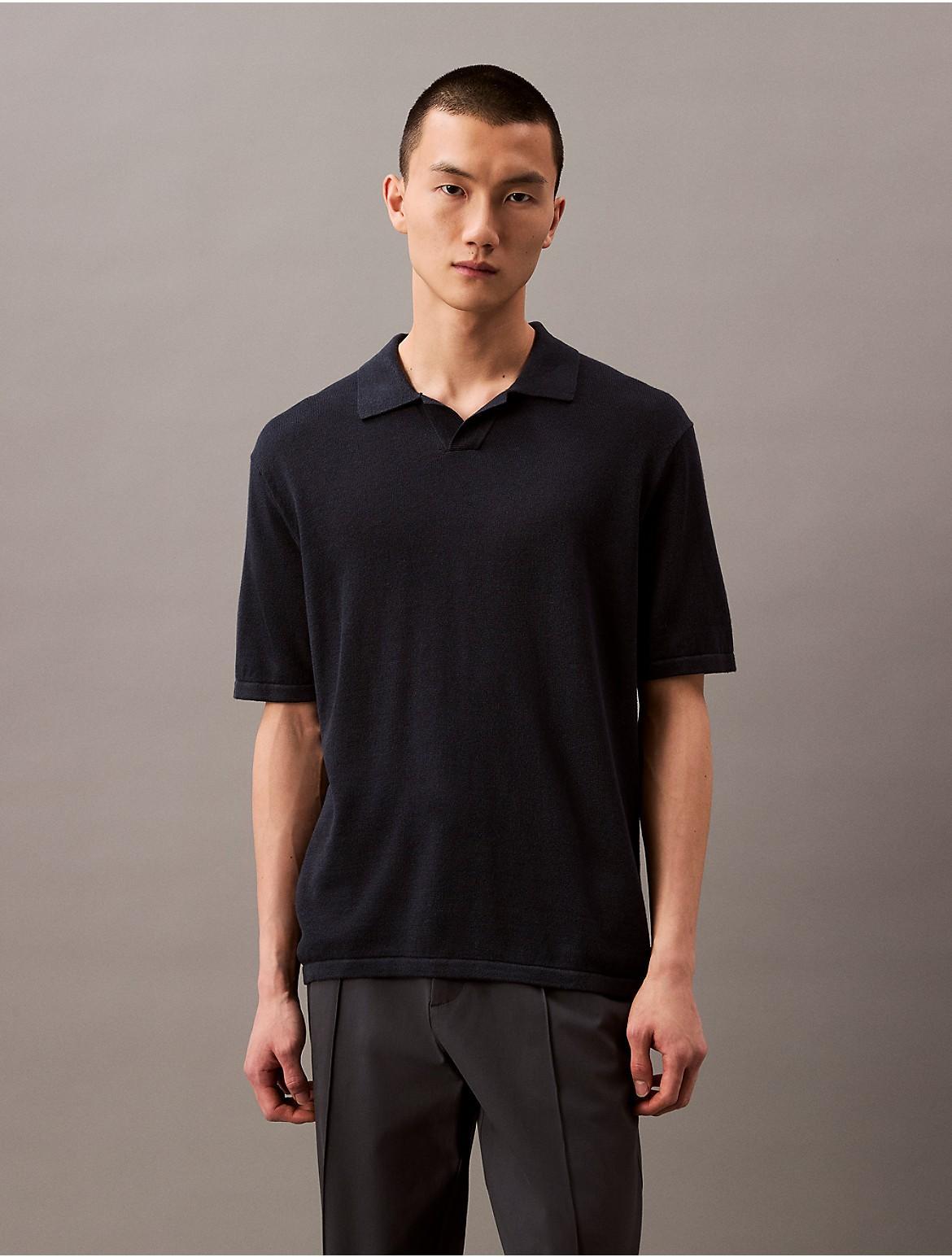 Calvin Klein Men's Linen Blend Polo Shirt - Blue - M Product Image