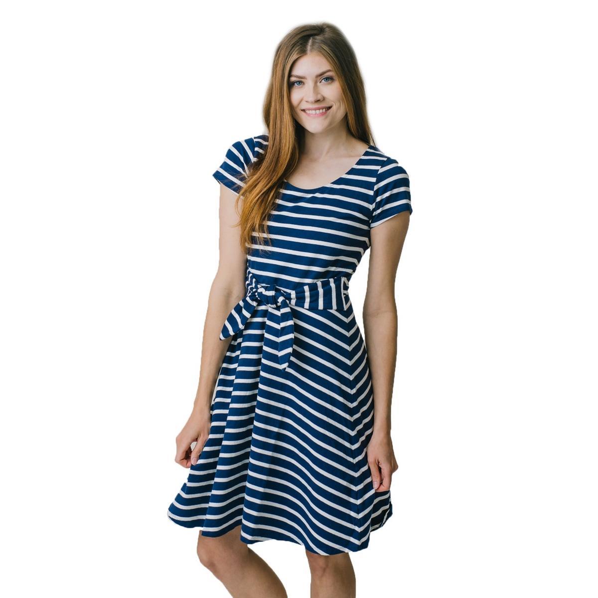 Hope & Henry Women's Organic Tie-Waist Knit Dress in Navy With White Stripe at Nordstrom, Size 12 Product Image