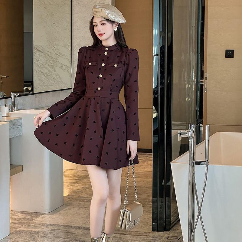 Long-Sleeve Band Collar Butterfly Print Button Mini A-Line Dress Product Image