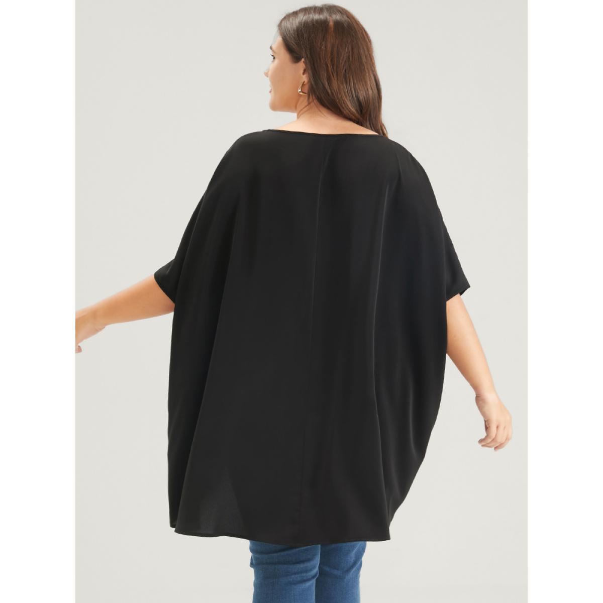 Plus Size Black Plain Ruffles Asymmetrical Hem Dolman Sleeve Embroidered Blouse Women Casual Half Sleeve Round Neck Dailywear Blouses BloomChic 18-20/2X Product Image