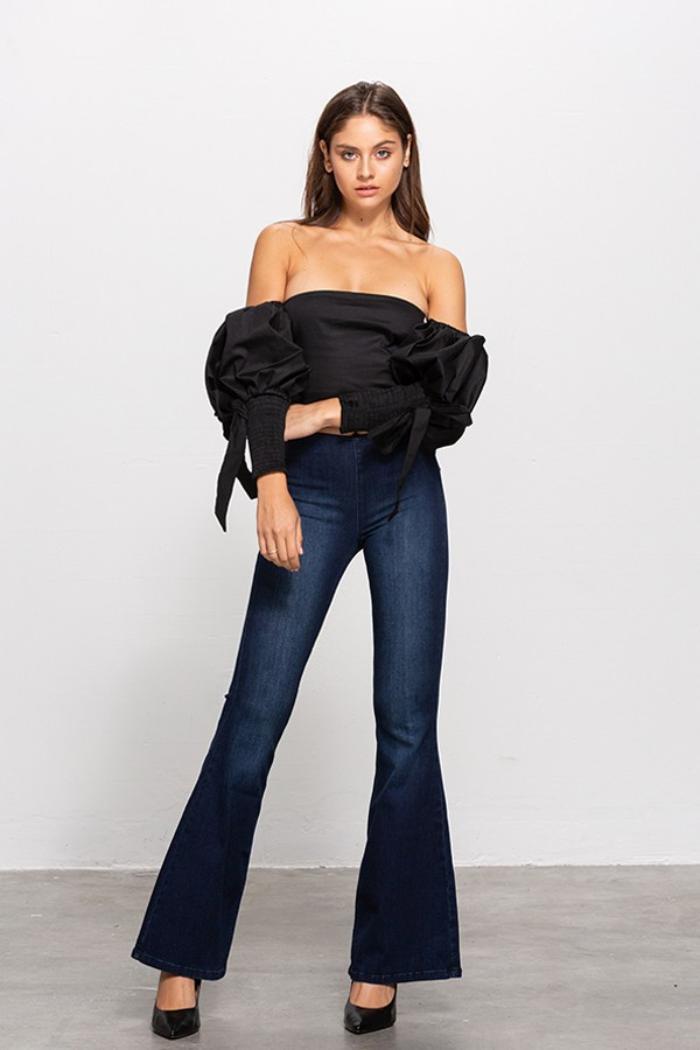 Mid Rise Banded Wide Flare Jeans Product Image