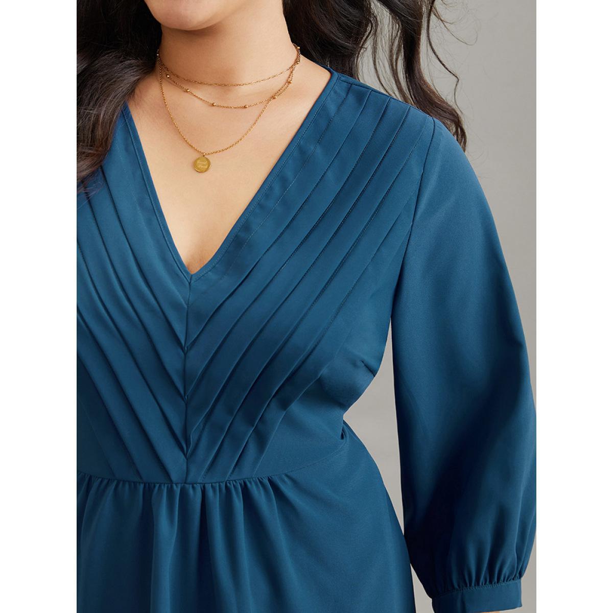 Plus Size Aegean Static-Free Elastic Waist Pleated Lantern Sleeve Blouse Women Office Elbow-length sleeve V-neck Work Blouses BloomChic 22-24/3X Product Image