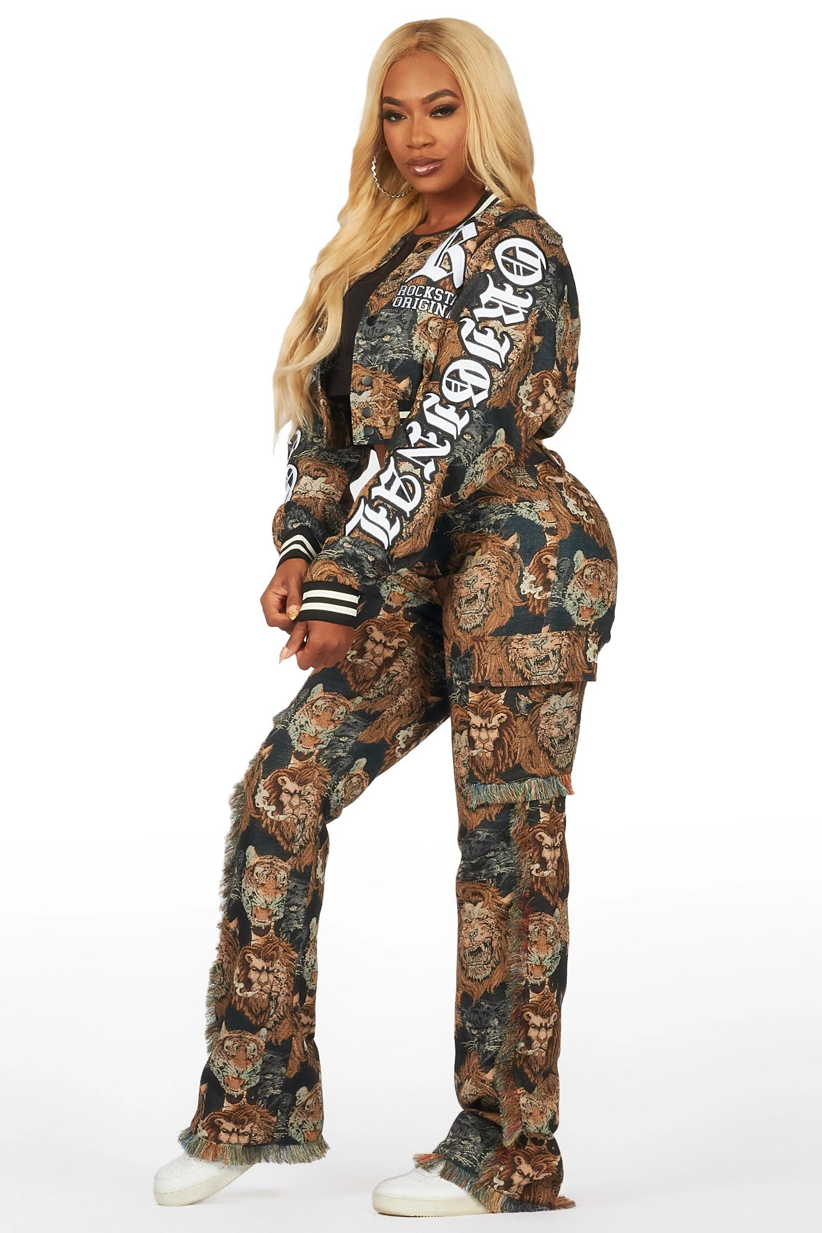 Khadiyah Black Animal Print Tapestry Stacked Pant Female Product Image