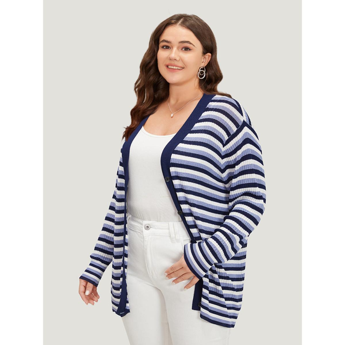 Plus Size Contrast Striped Rib Knit Button Through Cardigan Indigo Women Casual Loose Long Sleeve Dailywear Cardigans BloomChic 26/4X Product Image