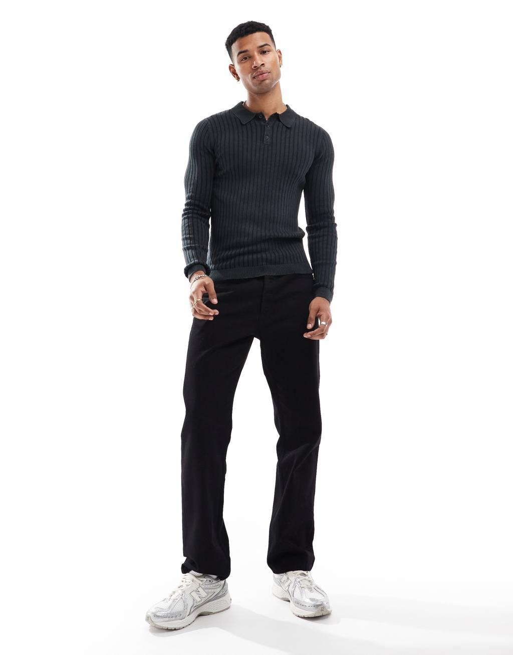 ASOS DESIGN muscle fit washed knitted polo in black rib Product Image