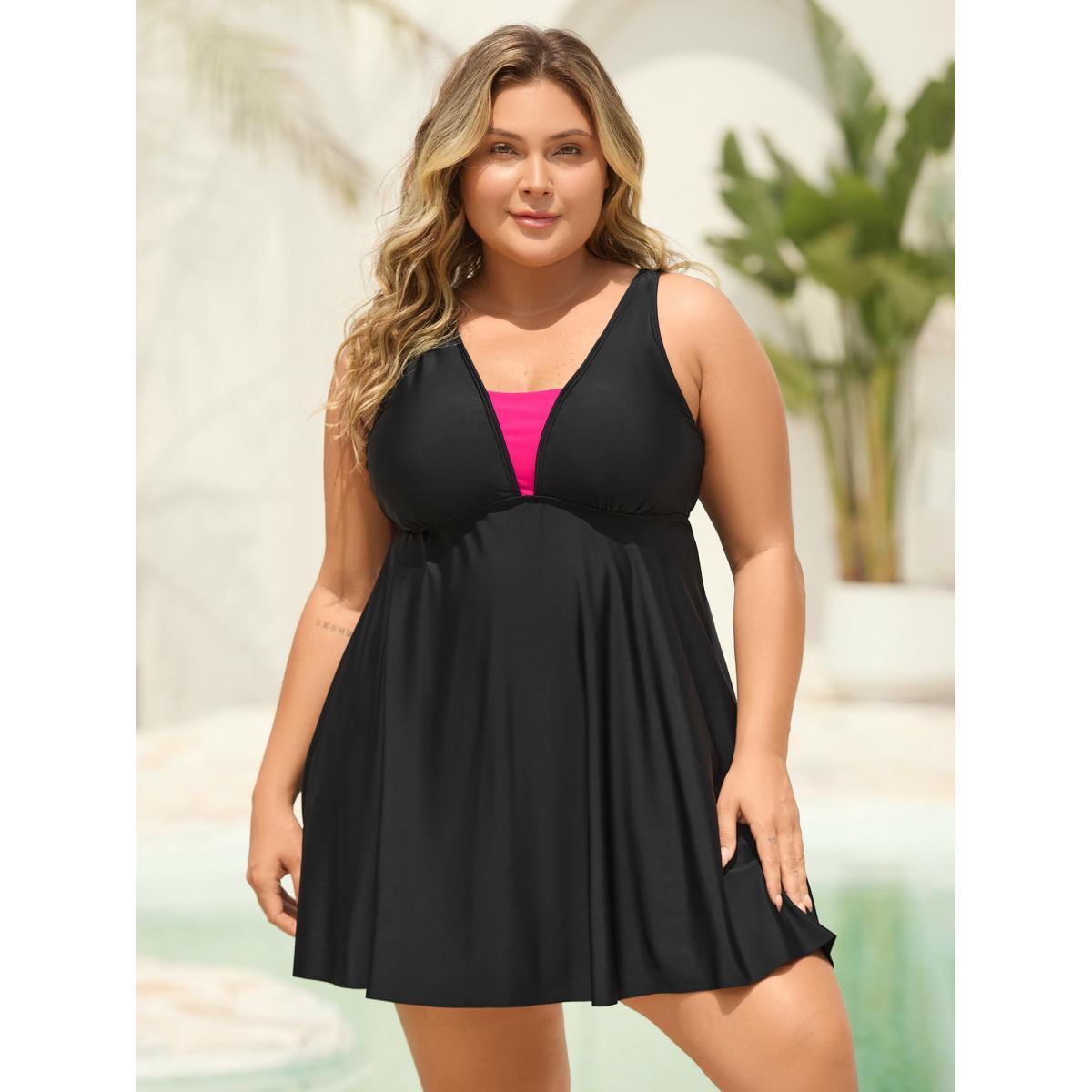 Plus Size V Neck Color Contrast Swim Dress Women's Swimwear Black Beach Bodycon V-neck High stretch Curve Swim Dresses BloomChic 26/4X Product Image