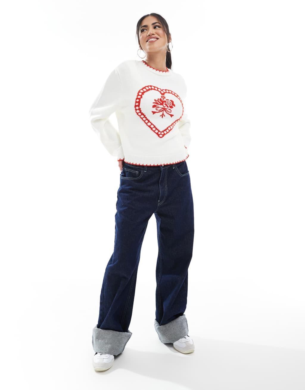 Miss Selfridge heart blanket stitch oversized knit sweater Product Image