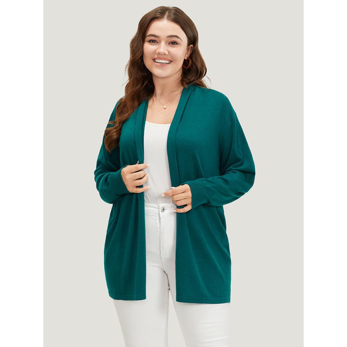 Plus Size Supersoft Essentials Plain Open Front Elastic Cuffs Cardigan Cyan Women Casual Long Sleeve Everyday Cardigans BloomChic 22-24/3X Product Image