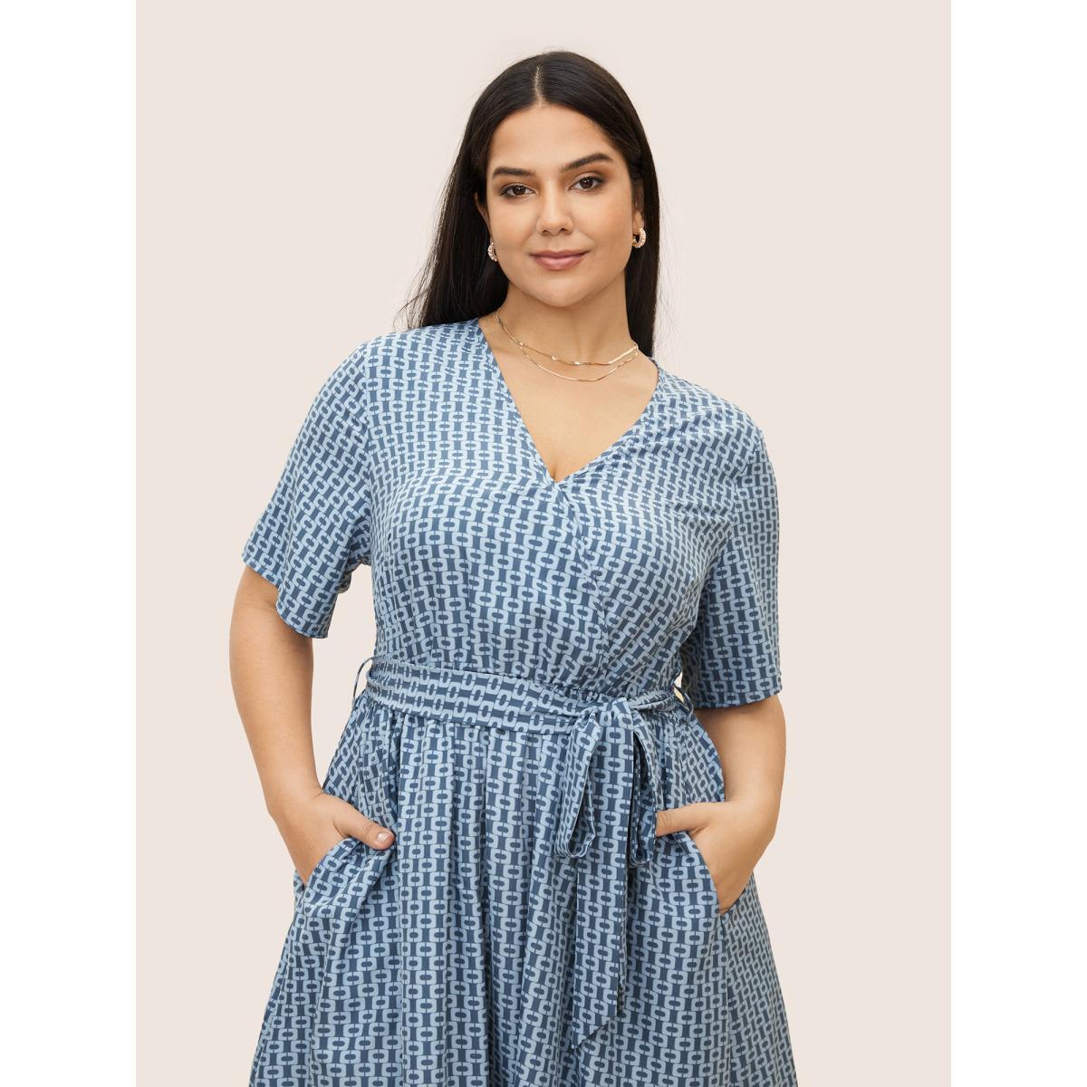 Plus Size Geometric Overlap Collar Elastic Waist Belted Dress Blue Women At the Office Overlapping Overlap Collar Half Sleeve Curvy Midi Dress BloomChic 30/6X Product Image
