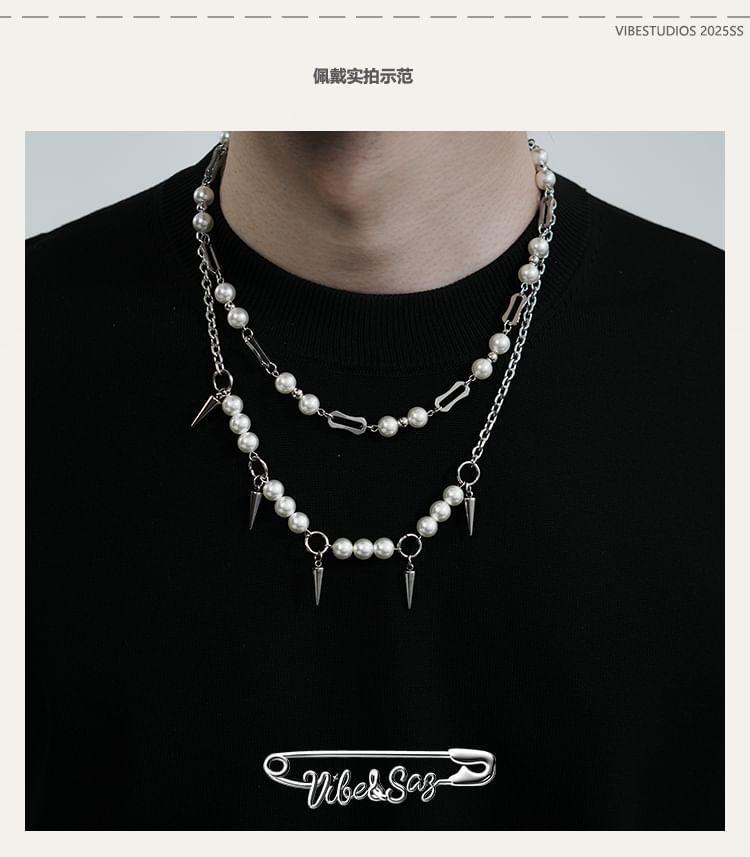 Faux Pearl Necklace / Spike Fringed Necklace Product Image