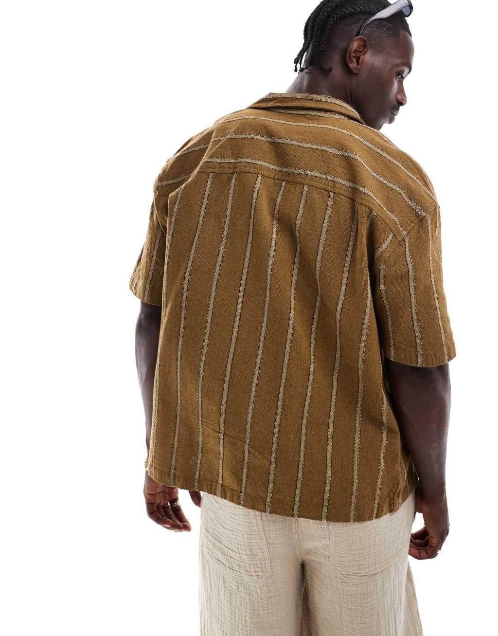 Pull&bear short sleeve striped shirt in khaki Product Image
