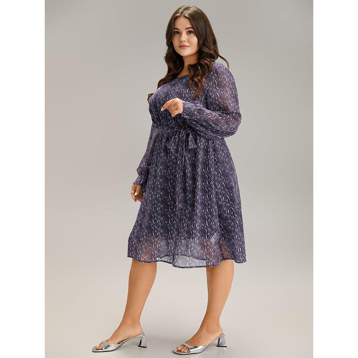 Plus Size Geometric Mesh Elastic Waist Belted Dress Indigo Women Office See through Round Neck Long Sleeve Curvy Midi Dress BloomChic 26/4X Product Image