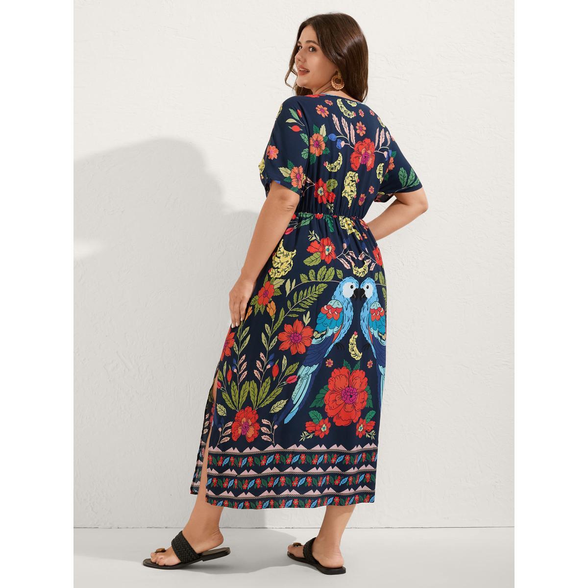 Plus Size Rayon Colorful Floral Split Side Midi Dress Navy Women Overlap Collar Short sleeve Curvy BloomChic 18-20/2X Product Image