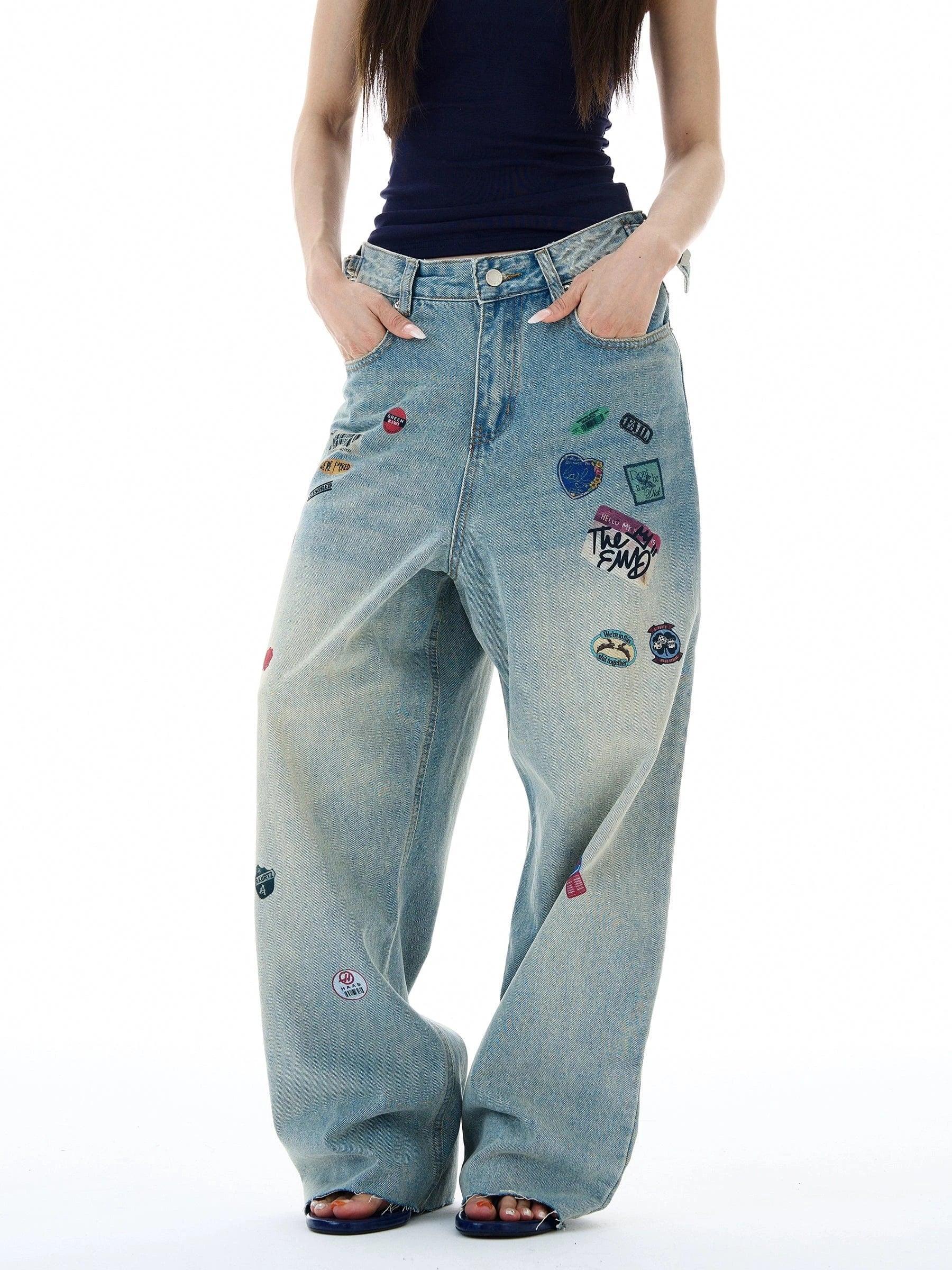 RT No. 19567 PRINTED LABEL BLUE DENIM BAGGY STRAIGHT JEANS Product Image