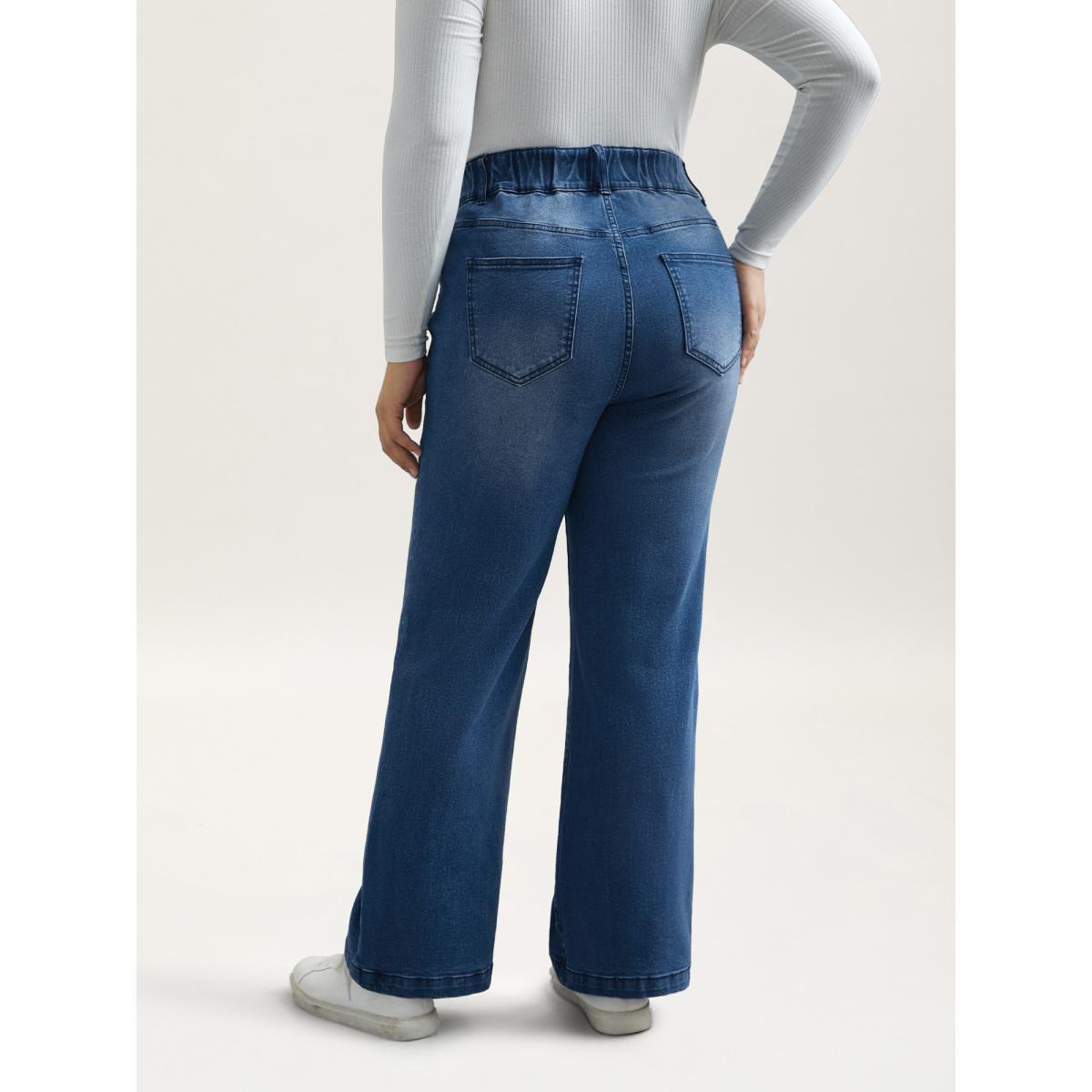 Plus Size Whiskered Stretchy Waist Bootcut Jeans Women Midblue Elegant Button Medium stretch Slanted pocket Jeans BloomChic 10/M Product Image