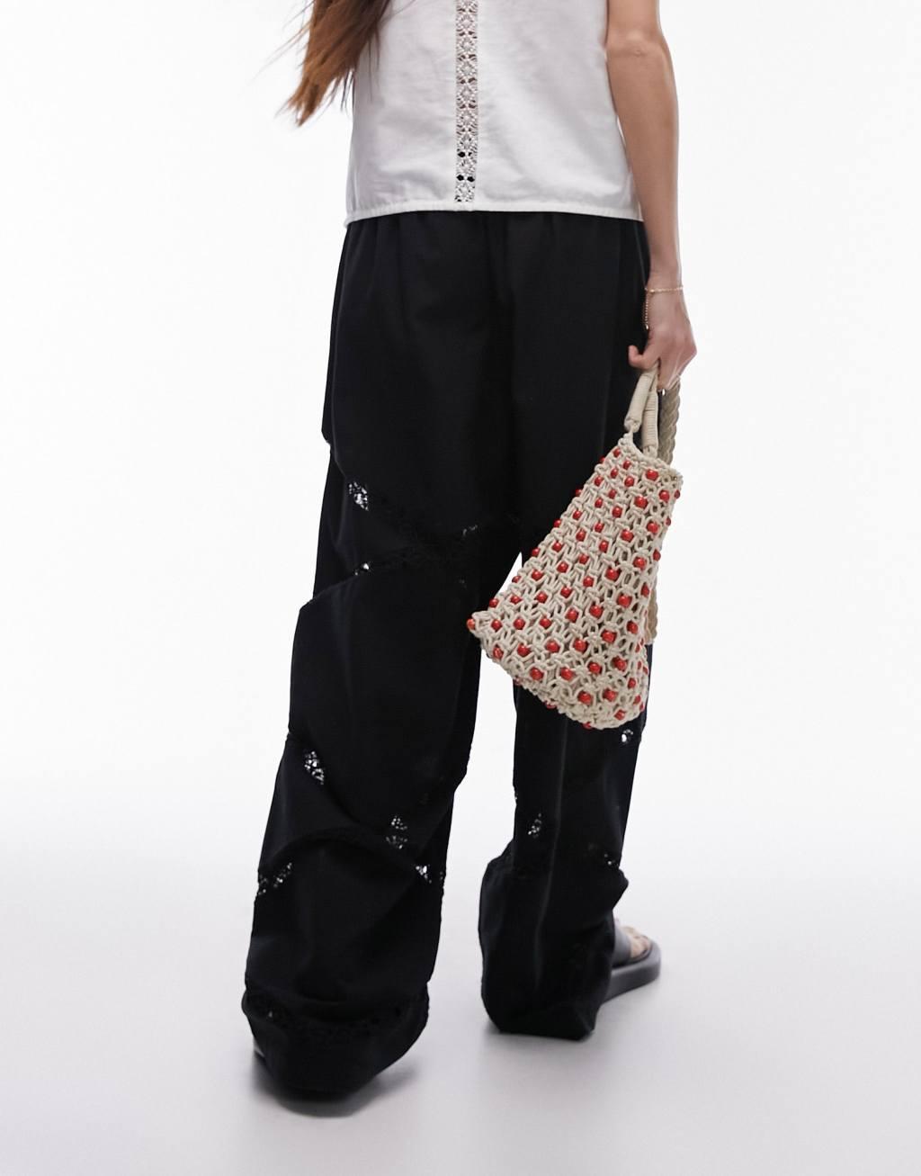 Topshop linen lace insert elasticated wide leg pants in black Product Image