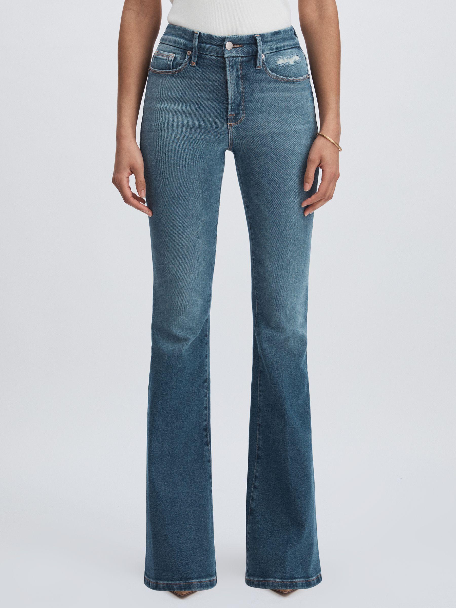 Good American Flared Distressed Jeans in Dark Indigo Product Image